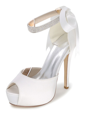 ホワイト ピープ　ウェディングシューズ　2025　プラットフォームサンダル　レディースハイヒール　アンクルストラップ　ラインストーン　サテン　ブライダルシューズ