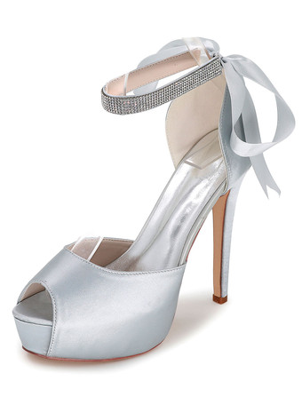 シルバー ピープ　ウェディングシューズ　2025　プラットフォームサンダル　レディースハイヒール　アンクルストラップ　ラインストーン　サテン　ブライダルシューズ