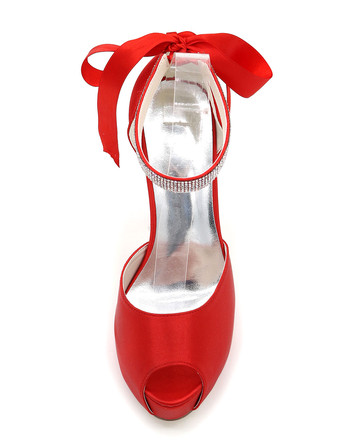 ピープ　ウェディングシューズ　2025　プラットフォームサンダル　レディースハイヒール　アンクルストラップ　ラインストーン　サテン　ブライダルシューズ