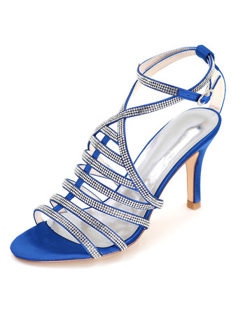 ブルー ブライダルサンダル　パーティーサンダル　絹織物　スティレットヒール　ラインストーン　オープントゥ　無地　