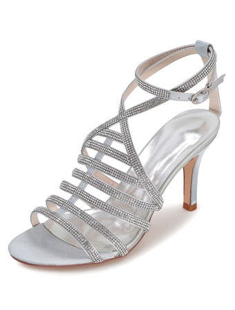 シルバー ブライダルサンダル　パーティーサンダル　絹織物　スティレットヒール　ラインストーン　オープントゥ　無地　