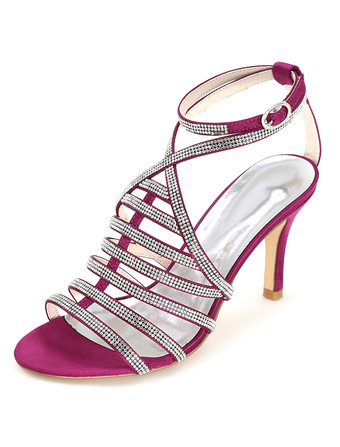 パープル ブライダルサンダル　パーティーサンダル　絹織物　スティレットヒール　ラインストーン　オープントゥ　無地　