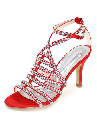 レッド ブライダルサンダル　パーティーサンダル　絹織物　スティレットヒール　ラインストーン　オープントゥ　無地　