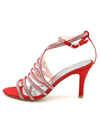 ブライダルサンダル　パーティーサンダル　絹織物　スティレットヒール　ラインストーン　オープントゥ　無地　