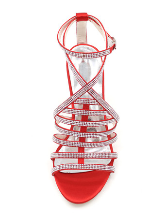 ブライダルサンダル　パーティーサンダル　絹織物　スティレットヒール　ラインストーン　オープントゥ　無地　