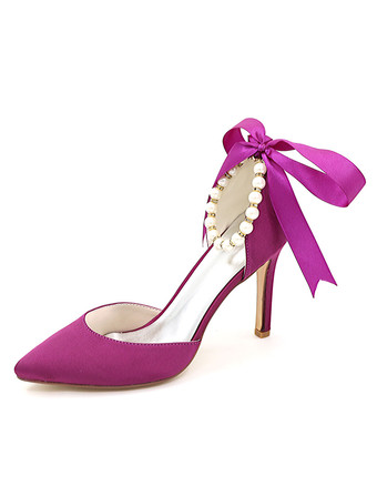 パープル アイボリー　ウェディングシューズ　2026　ポインテッドトゥ　パール　リボン　アンクルストラップ　スリップオン　ハイヒール　ブライダルシューズ