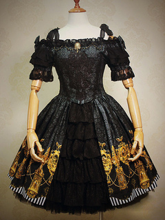 Lolitashow Gothic Lolita Dress Black Bow Printed Ruffles Jacquard Gothic Lolita Dress Suit With Lace Embroidered