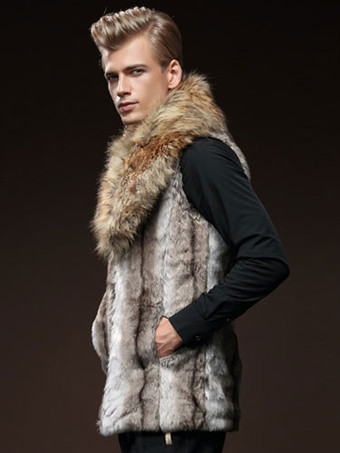 メンズファッション　ジャケット　カーキ　折り襟　ファー　カジュアル　ノースリーブ　男性用　高貴&贅沢　