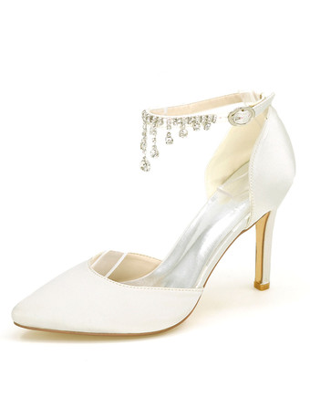 アイボリー 結婚式　ブライダルシューズ　ウエディング　ローヒール　パンプス 靴　パーティー　ホワイト　アイボリー　絹織物　ポインテッドトゥ　スティレットヒール　無地　ラインストーン　エレガント　