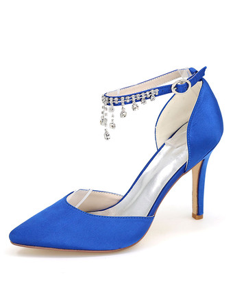 ブルー 結婚式　ブライダルシューズ　ウエディング　ローヒール　パンプス 靴　パーティー　ホワイト　アイボリー　絹織物　ポインテッドトゥ　スティレットヒール　無地　ラインストーン　エレガント　