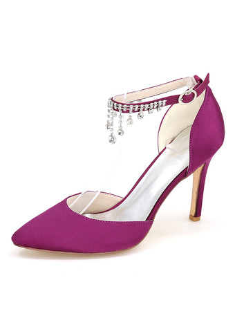 パープル 結婚式　ブライダルシューズ　ウエディング　ローヒール　パンプス 靴　パーティー　ホワイト　アイボリー　絹織物　ポインテッドトゥ　スティレットヒール　無地　ラインストーン　エレガント　