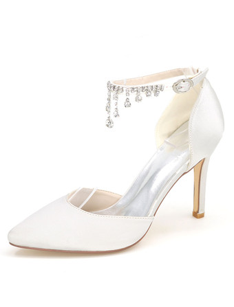 ホワイト 結婚式　ブライダルシューズ　ウエディング　ローヒール　パンプス 靴　パーティー　ホワイト　アイボリー　絹織物　ポインテッドトゥ　スティレットヒール　無地　ラインストーン　エレガント　