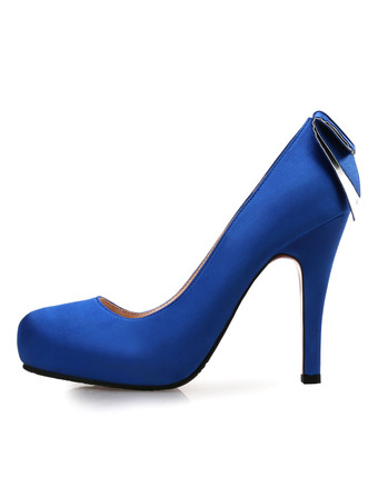 パンプス 厚底 プラットフォーム ロイヤルブルー ゴブレット ラウンドトゥ 絹織物 シューズ 10.5cm リボン 無地 パーティー キャバ イベント フォーマル 祝日 スリップオン レディース靴