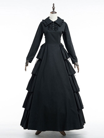 レトロ服　ヴィンテージファッション　コスチューム　ドレス　ブラック　コットン　大人用　長袖　女性用　 ハロウィン