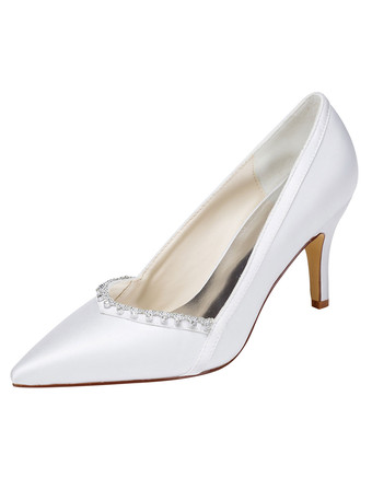 ホワイト ブライダルパンプス　パーティーパンプス　女性用　フェイクシルク　ポインテッドトゥ　スティレットヒール　無地　ラインストーン　
