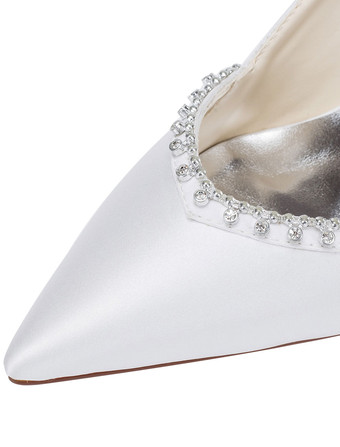 ブライダルパンプス　パーティーパンプス　女性用　フェイクシルク　ポインテッドトゥ　スティレットヒール　無地　ラインストーン　