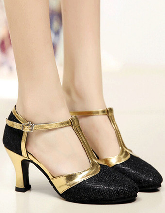 SchwarzGold Ballsaal Schuhe 2025 Glitzern Runde Zehe T Figure Vintage Schuhe Salsa Tanzen Schuhe