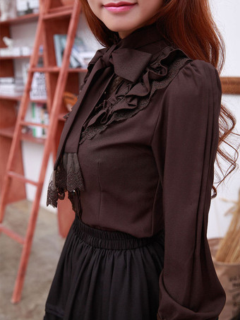 ロリィタブラウス　ポリエステル　カジュアル　スウィート　ハイネック　無地　リボン　長袖　