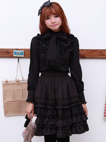 ブラック ロリィタブラウス　ポリエステル　カジュアル　スウィート　ハイネック　無地　リボン　長袖　