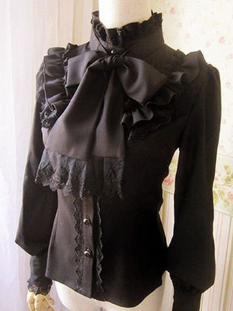 ロリィタブラウス　ポリエステル　カジュアル　スウィート　ハイネック　無地　リボン　長袖　