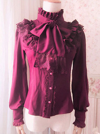 ワインレッド ロリィタブラウス　ポリエステル　カジュアル　スウィート　ハイネック　無地　リボン　長袖　