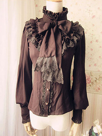 ロリィタブラウス　ポリエステル　カジュアル　スウィート　ハイネック　無地　リボン　長袖　