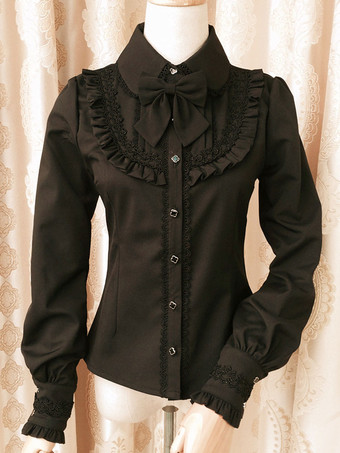 ブラック ロリィタブラウス　ポリエステル　カジュアル　スウィート　折り襟　リボン　長袖　