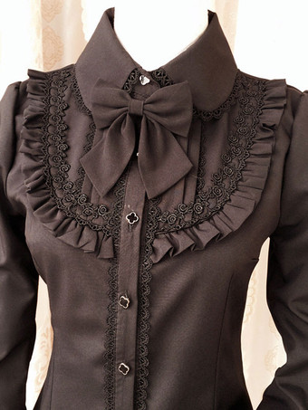 ロリィタブラウス　ポリエステル　カジュアル　スウィート　折り襟　リボン　長袖　