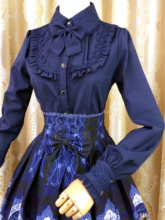 ロイヤルブルーロリィタブラウス　ポリエステル　カジュアル　スウィート　折り襟　リボン　長袖　