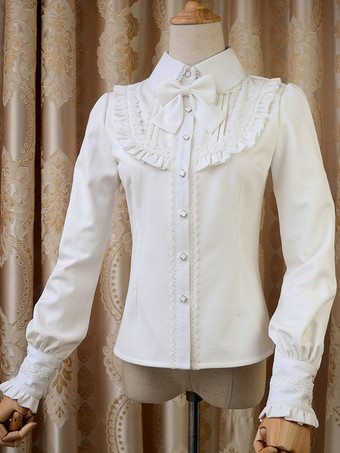 ロリィタブラウス　ポリエステル　カジュアル　スウィート　折り襟　リボン　長袖　