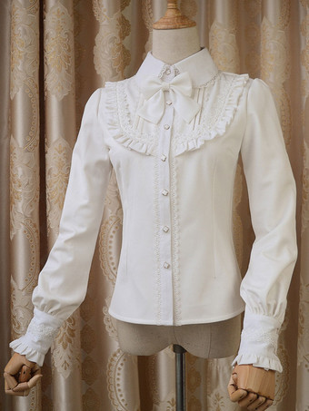 ホワイト ロリィタブラウス　ポリエステル　カジュアル　スウィート　折り襟　リボン　長袖　