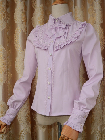 ライラックロリィタブラウス　ポリエステル　カジュアル　スウィート　折り襟　リボン　長袖　