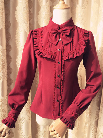 Sweet Лолита блузка красный длинным рукавом отложным воротник лук Ruffled зима Лолита рубашка