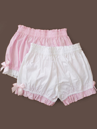 Lolitashow Pantalones cortos de 100% algodón color liso con volante fruncido estilo dulce