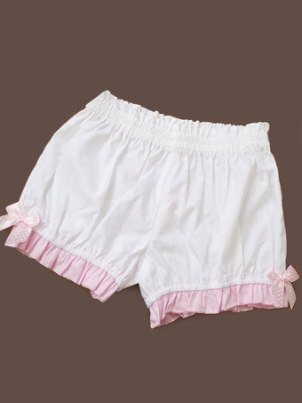 ホワイト ロリィタパンツ 無地 フリル カジュアル スウィート　ピュアコットン プリーツ ウェスト