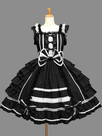 ブラック スイートロリータドレス ピンクリボンフリルレイヤードパフィードレス ノースリーブキャミソールプリンセスドレス