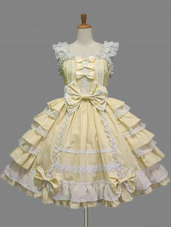 イエロースイートロリータドレス ピンクリボンフリルレイヤードパフィードレス ノースリーブキャミソールプリンセスドレス