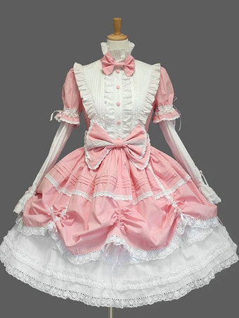 ピンク ゴシックロリータドレス、レースのフリルトリム、リボンがアクセントのビクトリア朝風プリンセスドレス、3色