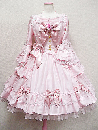 ピンク ゴスロリワンピースOP ロング姫スリーブ レースフリル リボン ボタンロリータワンピースワンピース レットフラワーアイドル衣装 ブラック
