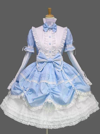 ライトスカイブルーゴシックロリータドレス、レースのフリルトリム、リボンがアクセントのビクトリア朝風プリンセスドレス、3色