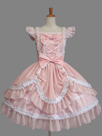 Lolitashow Sweet Lolita Dress Pink Cotton Bow Lace Ruffled Cap Sleeve Lolita One Piece Dress