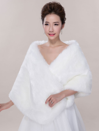 ボレロ＆ショール＆肩掛け　アイボリー　フェイクファー　ウエディング　ウェディングパーティー　フェイクファー　前開き　