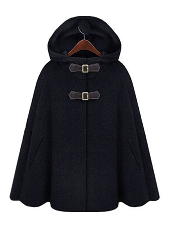 ブラック ポンチョ コート グレー フード付き ケープコート レディースアウター バックル レディースファッション プラスサイズ ウールブレンド 無地 ノースリーブ 女性用