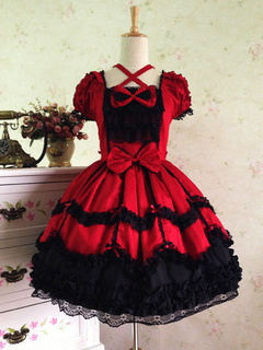 Lolitashow Sweet Lolita Dress OP Two Tone Puff Short Sleeve Cotton Lace Ruffle Lolita One Piece Dress With Bows