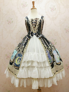 Lolitashow Sweet Lolita Dress JSK Chiffon Crystal Rabbit Printed Lace Ruffle Lolita Jumper Skirt