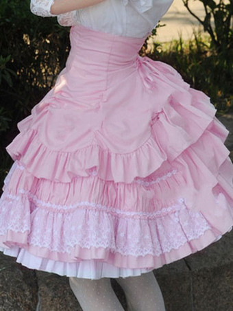 Lolitashow Sweet Lolita Dress SK Jupe Lolita en coton à volants croisés en dentelle rose