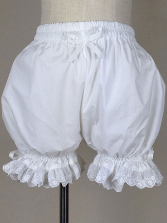 Lolitashow Pantalones cortos de 100% algodón blancos color liso de encaje estilo dulce