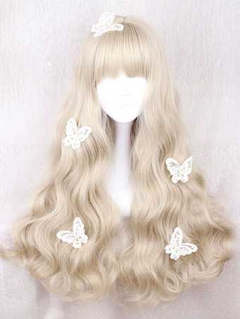 Lolita doce peruca franja sem corte longo encaracolado perucas de luz marrom fibra resistente ao calor 