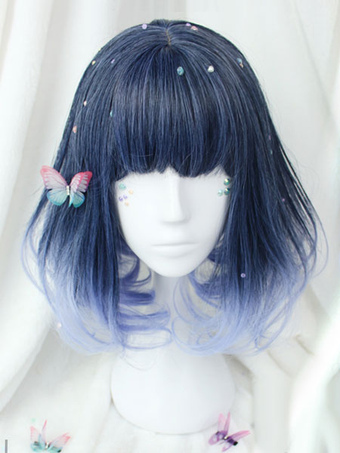 Harajuku Lolita peruca curto cacheado sem corte Fringe roxo real fibra resistente ao calor 
