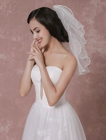 milanoo.com Ivory Wedding Veils One-Tier Lace Tulle Finished Edge Waterfall Bridal Veil